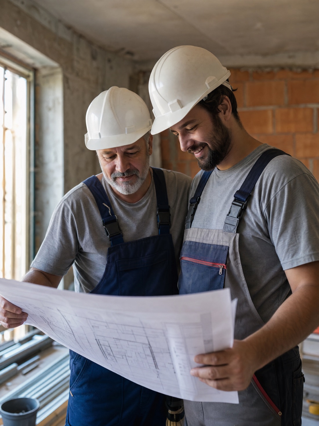 Padre e hijo de Grupo Kaaouach revisando un plano en una obra